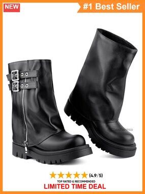 Women's Faux Leather Mid Calf Moto Biker Combat Boots Fold Over Platform